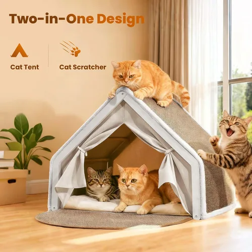 Miniatura 2 de Casas para gatos de interior – Cama para gatos de 4 estaciones con sisal natural rascador para gatos, marco de madera maciza con cortinas y alfombra
