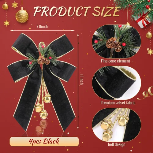 Miniatura 3 de Yinkin Corona de Árbol de Navidad Lazo Lazos de Cinta de Navidad con Campanas 11 x 7.8 pulgadas Terciopelo Cono de Pino Lazo Adornos Colgantes
