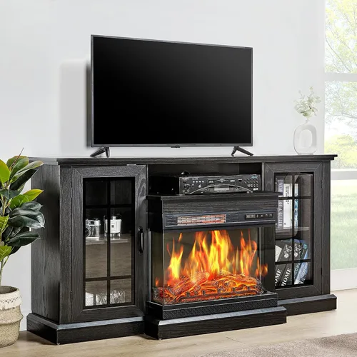Miniatura 9 de LUXOAK Soporte de TV para Chimenea con Chimenea Eléctrica de Vidrio de 3 Lados, Centro de Entretenimiento Multimedia de 59" con Gabinete de Gris
