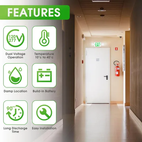 Miniatura 2 de Luz de emergencia LED verde Combo señal de salida con batería de respaldo, dos lámparas LED ajustables, 120V/277V de doble voltaje, resistente al