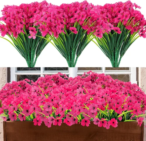 Miniatura 9 de Jutom 24 piezas de flores artificiales para decoración al aire libre, flores sintéticas de seda resistentes a los rayos UV, plantas a granel, Azul