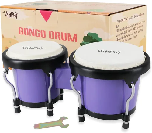 Miniatura 10 de Juego de Bongós de 4'' y 5'' para Adultos Principiantes, Bongós Naturales Afinables, Instrumentos de Percusión con Llave de Afinación y Caja