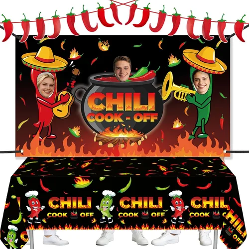 Miniatura 9 de Cartel de Chili Cook Off, pancarta de tela para concurso de 41 x 24 pulgadas, suministros para fiestas mexicanas (41.3 x 23.6 in)