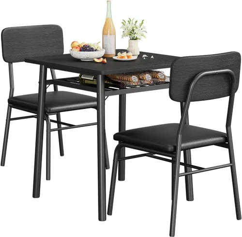 IDEALHOUSE Juego de mesa de comedor de 3 piezas para 2 con estante de almacenamiento, mesa de cocina de madera con juego de 2 sillas tapizadas,