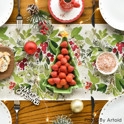 Miniatura 4 de Artoid Mode Camino de Mesa Navideño de Acebo en Acuarela, Decoración de Mesa de Cocina y Comedor de Temporada Navideña de Invierno para Interiores