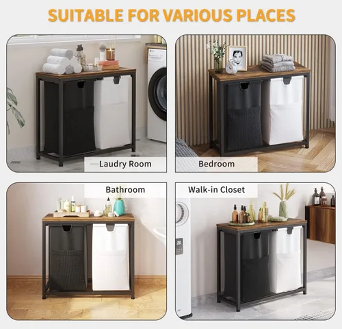Miniatura 5 de LIVEHOM Cesta de Lavandería Doble Canasta de Ropa Sucia con Bolsas Removibles, Asas de Tela, Estante Superior Grande y Bolsa de Lavandería