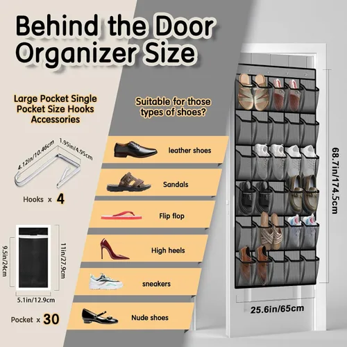 Miniatura 3 de Kotkn Organizador de zapatos sobre la puerta con 30 bolsillos de malla transpirable, almacenamiento de armario de gran capacidad para hombres y Gris
