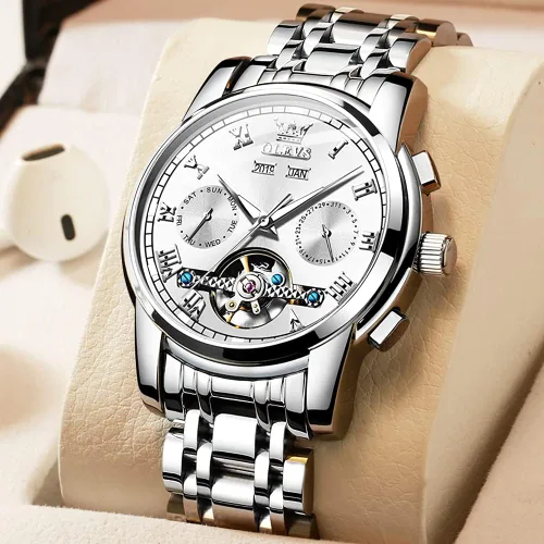 Miniatura 2 de OLEVS Relojes automáticos de cuerda automática para hombre, fecha y día, calendario, relojes de acero inoxidable, movimiento esquelético