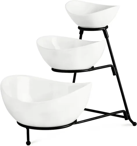 YHOSSEUN Soporte de 3 niveles para servir con juego de 3 tazones ovalados de porcelana para servir con soporte de metal plegable más grueso y