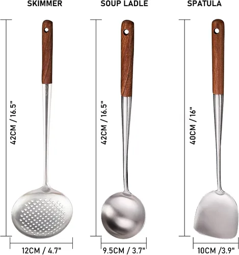 Miniatura 7 de Wok Cucharón y espátula, juego de cucharón wok de acero inoxidable, 3 cucharones largos de cocina, espátula de metal con mango de madera, juego