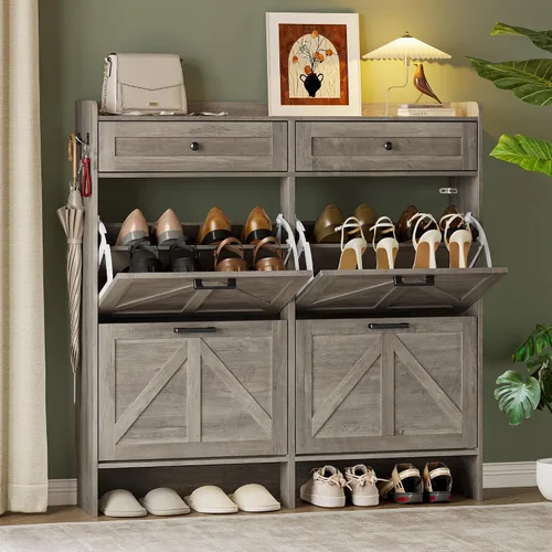 Miniatura 22 de BORNOON Gabinete de Almacenamiento de Zapatos para Entrada, Gabinete Estrecho de Zapatos Estilo Granja con 2 Cajones Abatibles y Cajones Superiores