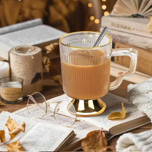 Miniatura 6 de Joeyan Tazas de café de vidrio con asa, tazas de café transparentes acanaladas vintage, tazas de café café con leche, capuchino, tazas de leche