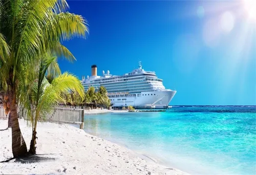 Telón de fondo de fotografía del mar caribeño de 7 x 5 pies, telón de fondo de playa de palmera coral playa decoración de fiesta de crucero de