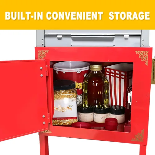 Miniatura 6 de Máquina comercial de palomitas de maíz con carrito y ruedas, máquina para hacer palomitas de maíz con hervidor de acero inoxidable de 22 onzas, Rojo