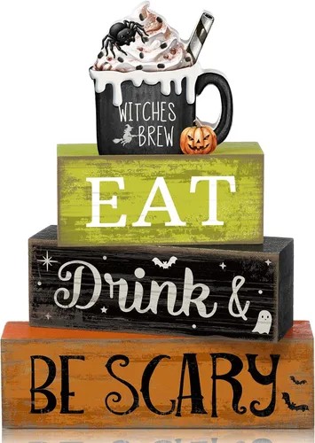 Miniatura 106 de Lineshading 4 piezas de decoración de mesa de Halloween espeluznante café apilado, decoración de bloques apilados de madera, letreros con tapa