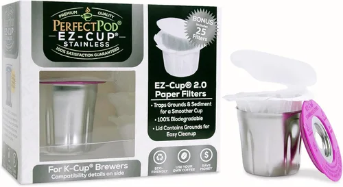 EZ-Cup - Cápsulas de café reutilizables de acero inoxidable para Keurig + 25 filtros de papel desechables, cápsula recargable compatible con Keurig