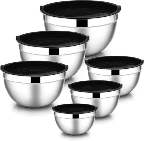 Miniatura 10 de E-far Tazones para mezclar con tapas, juego de 6 piezas de tazones para ensalada de acero inoxidable, tazones de metal anidables para hornear, Azul