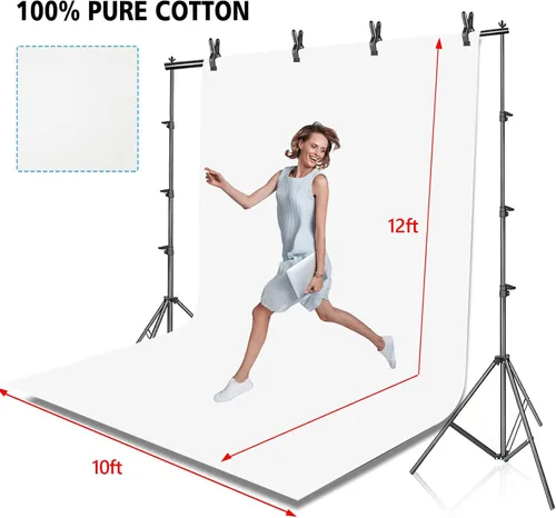 Miniatura 2 de HYJ-INC Sistema de soporte de fondo para fotos con kit de soporte de fondo de 10 x 10 pies, 10 x 12 pies, telón de fondo de muselina de algodón 100%