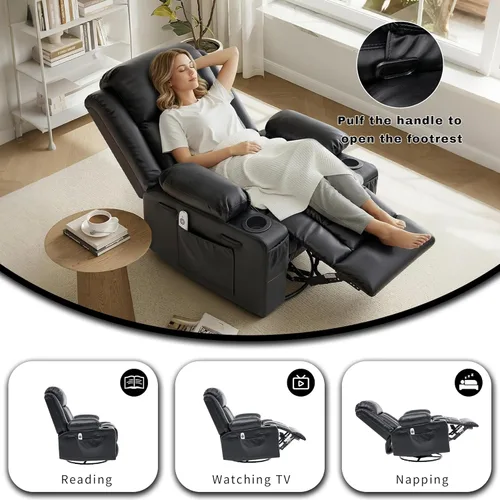 Miniatura 3 de Rocker - Silla reclinable con calor y masaje, silla reclinable giratoria de 360° para adultos, asiento reclinable de piel sintética con 2 portavasos