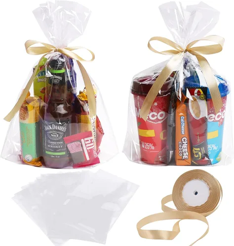 Miniatura 7 de Giftvest 50 bolsas de celofán transparente con fuelle de 6 x 9 pulgadas, bolsas de plástico para envolver regalos con cinta de satén dorada