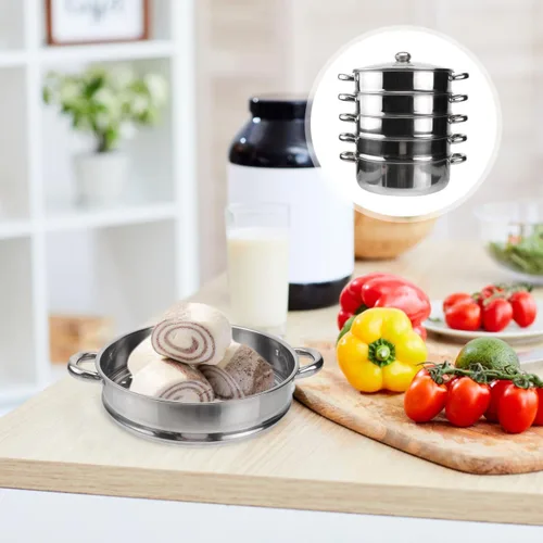 Miniatura 9 de Hemoton Olla de vapor de acero inoxidable de 14.7 pulgadas, olla multifuncional de 5 niveles para cocinar albóndigas, verduras, sopa, práctica