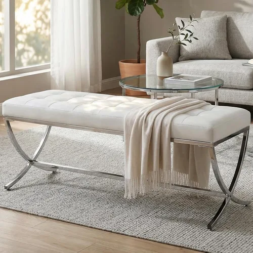 Miniatura 7 de LukeAlon Moderno banco de comedor de piel sintética, banco otomano con botones copetudos con acabado cromado en forma de X, banco tapizado