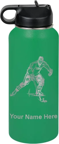 Miniatura 29 de LaserGram Botella de agua personalizada, jugador de hockey, acero inoxidable de doble pared aislada al vacío con popote superior, regalo grabado