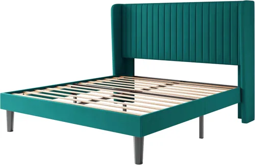 Miniatura 9 de SHA CERLIN Marco de cama de terciopelo tamaño completo con cabecera de respaldo alto con capitoné de canales verticales, cama plataforma tapizada