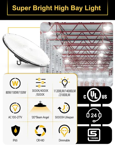 Miniatura 4 de Luz LED UFO de alta bahía, 150W/100W/80W ajustable, 3000K/4000K/5000K ajustable, UL listado 21000LM 0-10V regulable IP65 impermeable alta Bahía
