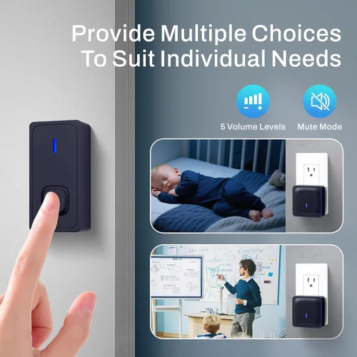 Miniatura 7 de BN-LINK Timbre inalámbrico, timbre de puerta impermeable, fácil instalación, rango de 1000 pies, volumen ajustable y 58 campanillas, flash LED, Negro