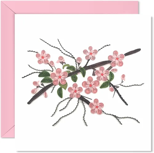 Tarjeta de felicitación japonesa de flor de durazno | Feliz año nuevo 3D Quilling Card Flower | Papel hecho a mano – Tarjeta de felicitación de