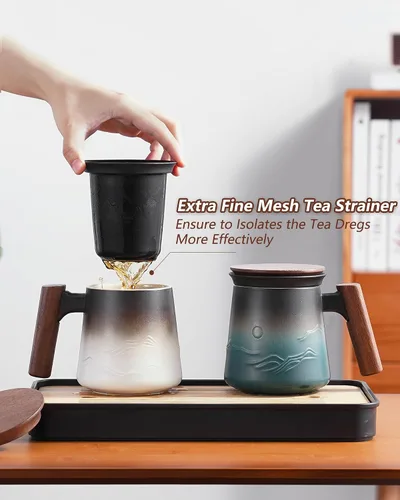 Miniatura 3 de ZENS Taza de té con infusor y tapa para té de hojas sueltas, taza de té de cerámica en relieve de 14.5 onzas con coladores finos y mango de madera
