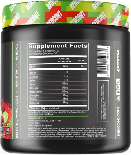 Miniatura 2 de REDCON1 Grunt EAAs, Cherry Lime, aminoácidos esenciales aptos para dieta cetogénica, sin azúcar, polvo para después del entrenamiento que contiene 9