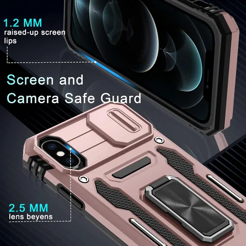 Miniatura 244 de DEERLAMN Funda para iPhone Xs Max con funda deslizante para cámara + protector de pantalla, soporte giratorio de anillo de grado militar a prueba