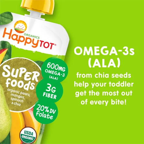 Miniatura 6 de Happy Tot Etapa orgánica 4 Super Foods Peras Mangos y espinacas + Super Chia, 4.22 onzas Bolsa (Paquete de 16) (Embalaje puede variar) Sin GMO