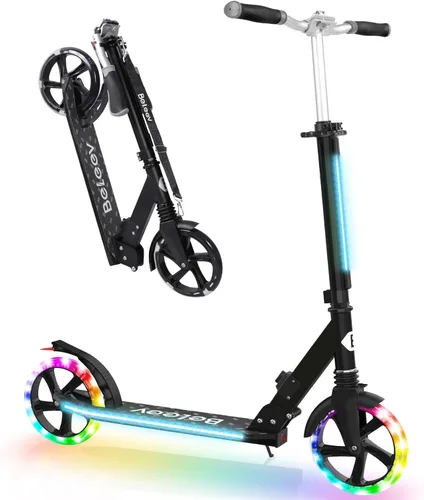 BELEEV V8 Scooters para niños a partir de 6 años con cubierta iluminada, scooter plegable de 2 ruedas para adultos y adolescentes, 4 de altura Negro