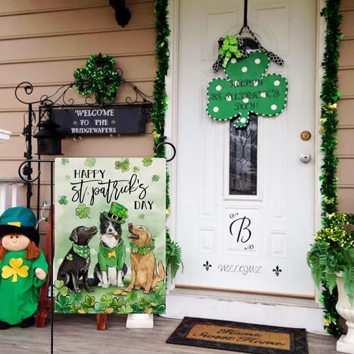 Miniatura 7 de Hzppyz Bandera de jardín con diseño de perros del Día de San Patricio, de doble cara, trébol de trébol dorado para cachorros, decoración pequeña