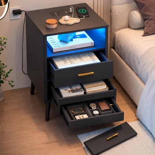 Miniatura 4 de LVSOMT Mesita de noche negra para dormitorio con estación de carga y luces LED, moderna mesita de noche con cajón oculto, mesita de noche