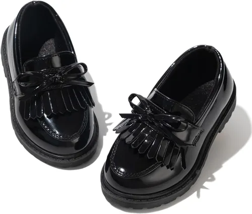 Miniatura 45 de KIDSUN Zapatos de vestir para niño y niña, cómodos zapatos Oxford con cordones para uniforme escolar, mocasines planos (bebé/niño pequeño) E-negro