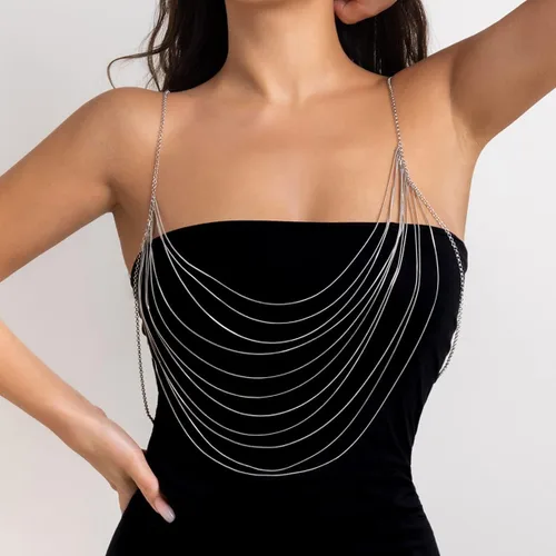 Cadena de cuerpo sexy con borlas cruzadas en capas, collar de arnés, brasier de bikini, cadena de hombro, cintura para el vientre, joyería para el