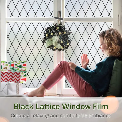 Miniatura 2 de VELIMAX Película de vinilo de vidrio decorativo para ventana, diseño de celosía negra esmerilada, película de vinilo de vidrio extraíble