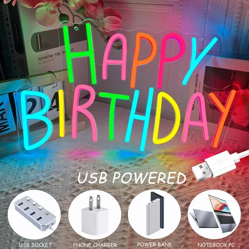 Miniatura 6 de Letrero de neón de feliz cumpleaños para decoración de pared, luces de neón de feliz cumpleaños coloridas, luz de neón LED de cumpleaños para telón
