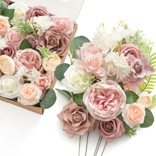 Miniatura 27 de Ling's moment Caja de Flores Falsas, Tallos de Vegetación Artificial Falsa, Rosas de Espuma, Gardenias, Hortensias de Seda, Ranúnculos, Flor de Tela