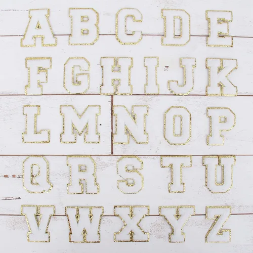 Miniatura 41 de Paquete de 3 parches de felpilla termoadhesivos con brillantina de las letras "S" de 2.0 in de alto, tela de felpilla negra con ribete dorado
