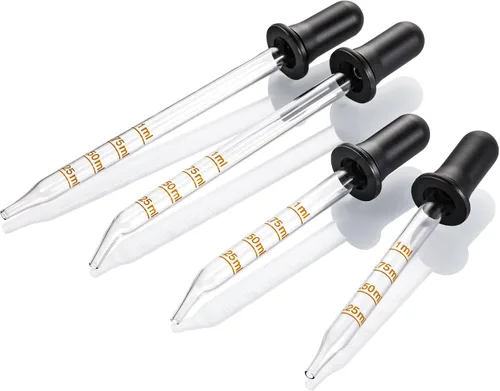 4 paquetes, cuentagotas de vidrio para ojos de 1 mL con medición - punta larga y corta, curva y recta, cuentagotas calibrados de vidrio para