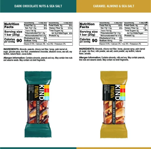 Miniatura 2 de Kind Minis, paquete variado. Contiene 1 caramelo de almendras y sal marina, y 1 chocolate negro nueces y sal marina, bajo en calorías, sin gluten