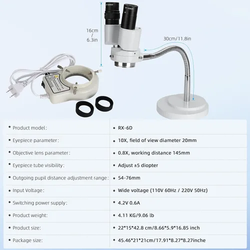 Miniatura 6 de Microscopio dental con luz LED - Estereomicroscopios 360 Revolve 8X Ampliación Binocular Microscopio Estéreo Binocular Dental Microscopio Binocular