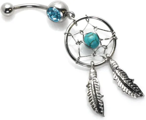 14g Calibre (1.6mm) Turquesa Atrapasueños tela Estrella Acero Inoxidable Dangle Belly Ring Navel Piercing14