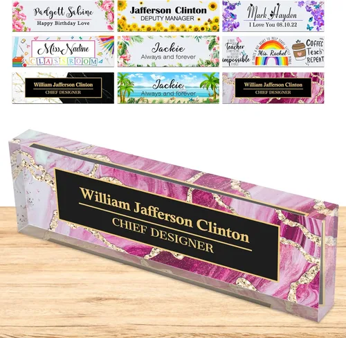 Miniatura 28 de Placa de nombre personalizada para escritorio, placas de nombre personalizadas para hombres y mujeres, diseño de girasol con logotipo de negocios