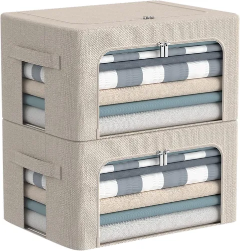 CYhom Caja de almacenamiento de ropa, juego organizador plegable de tela de lino con ventana transparente, asas de transporte y marco de metal, 2